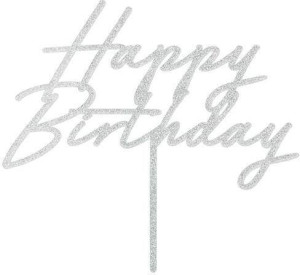 Topper na tort Happy Birthday srebrny 18x16,5cm