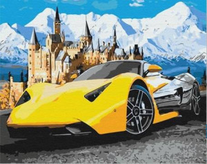 Diamentowa mozaika Auto sportowe żółte obok zamku w górach NO-1007745