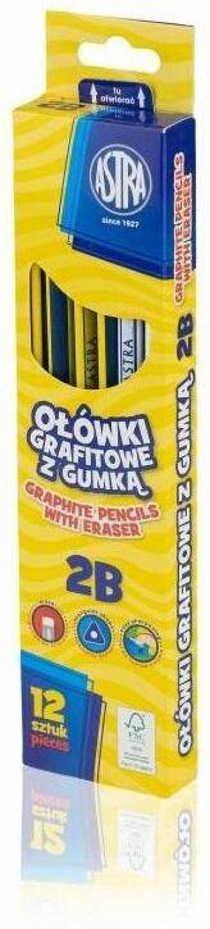 Ołówki grafitowe z gumką 2B, 12 sztuk