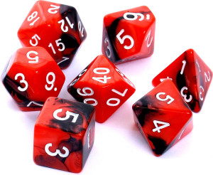 Komplet kości RPG. Czerwono-czarne. Dwukolorowe. REBEL