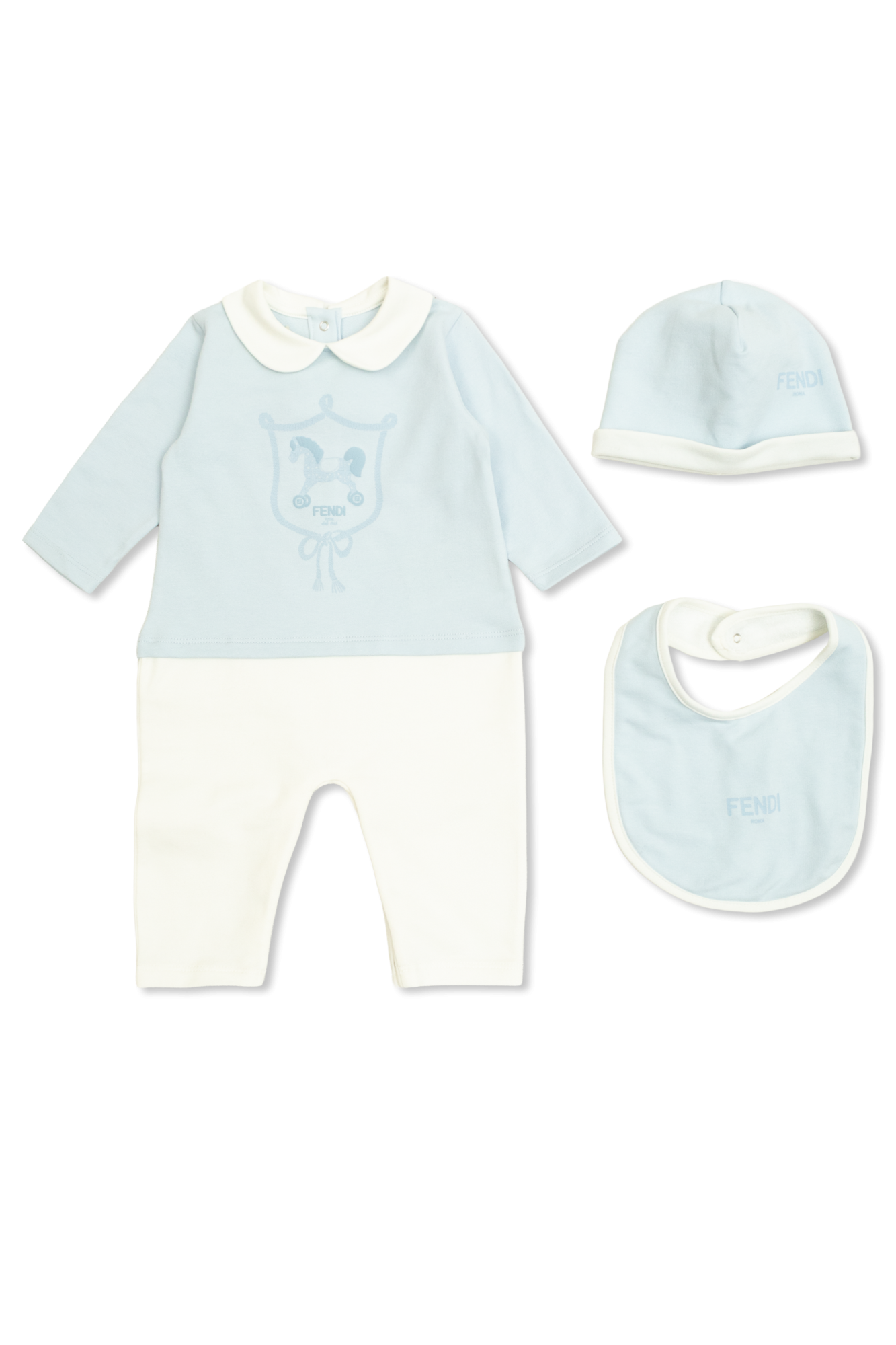 Fendi Kids Komplet: Pajacyk, Czapka I śliniak, Unisex, Niebieski