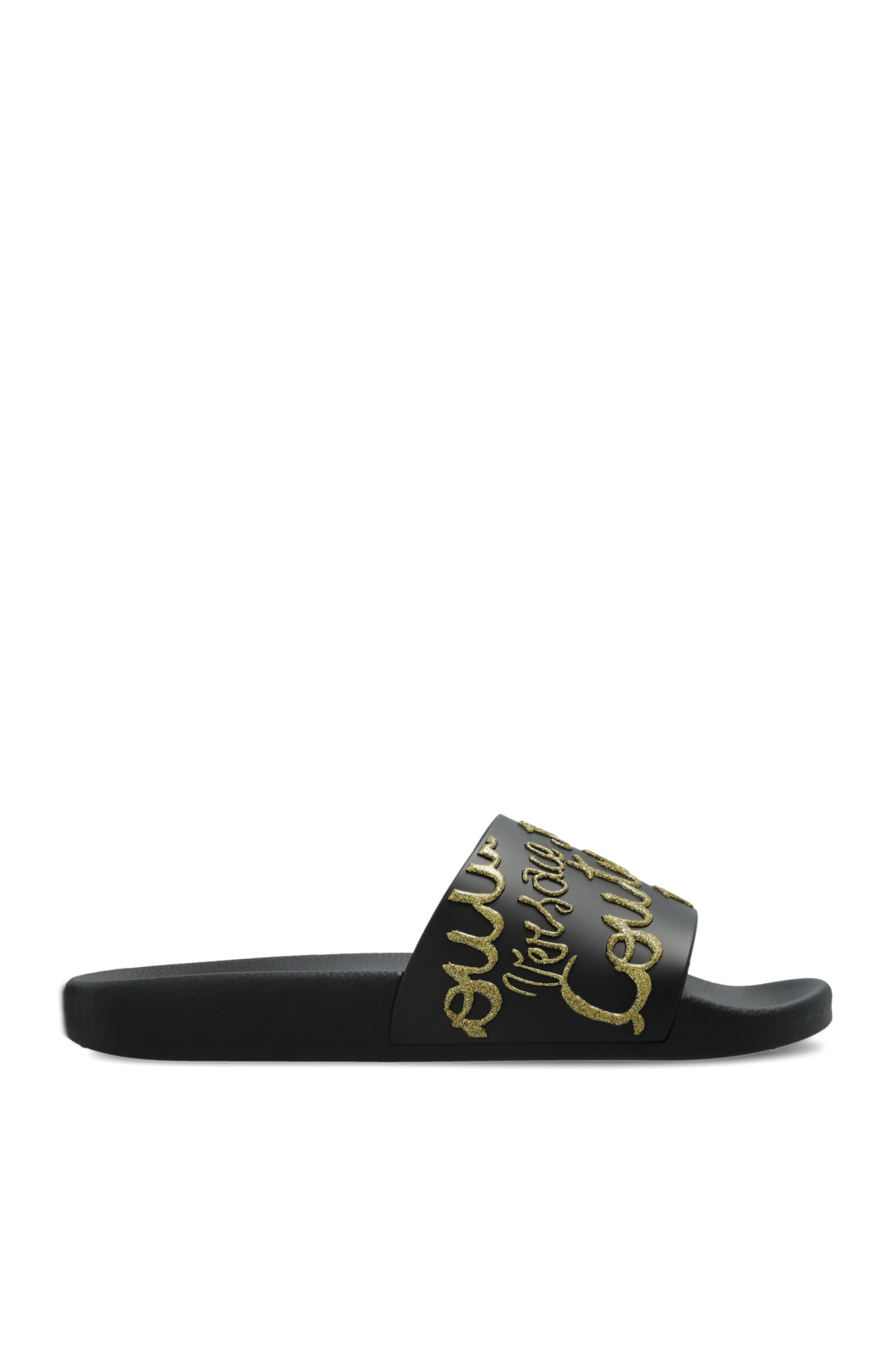 Versace Jeans Couture Gumowe Klapki Z  Logo O Brokatowym Wykończeniu, Kobiety, Czarny