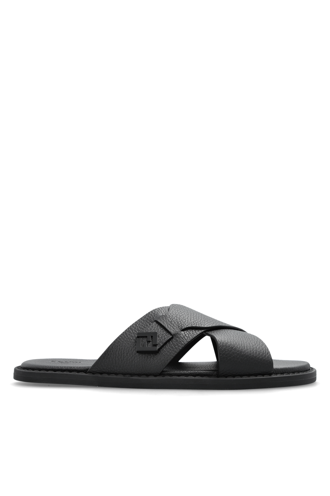 Fendi Skórzane Klapki Z Logo, Mężczyźni, Czarny