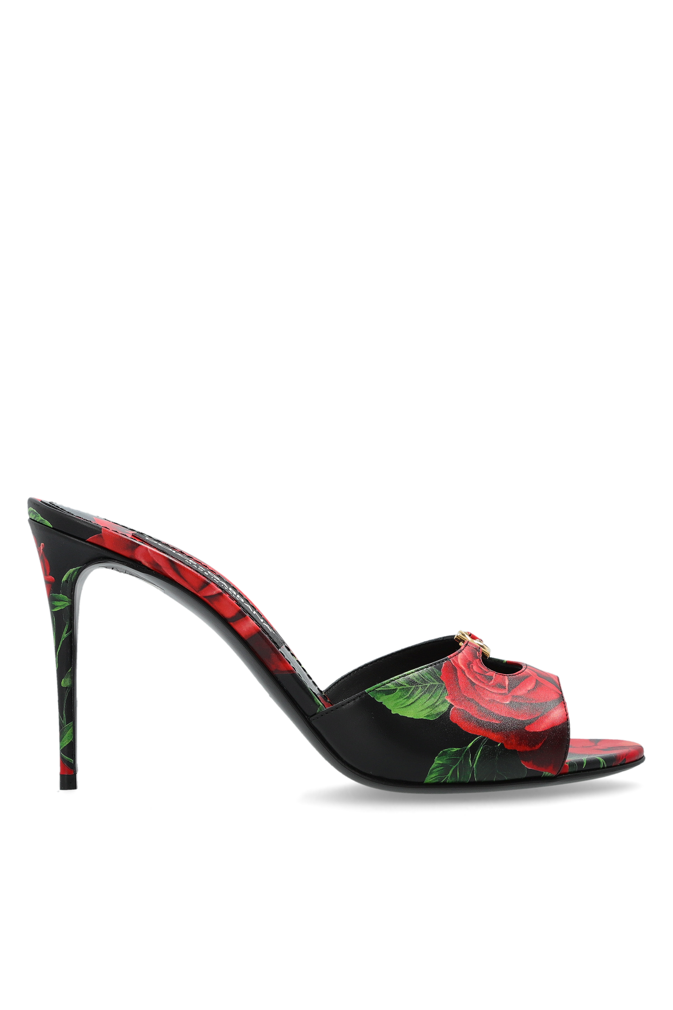 Dolce & Gabbana Skórzane Klapki Z Motywem Kwiatowym Na Obcasie, Kobiety, Czarny