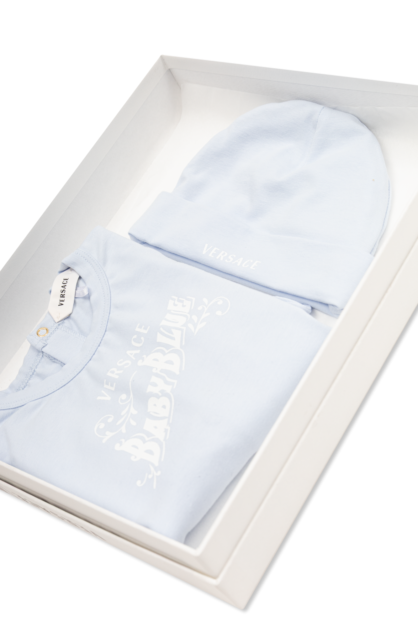 Versace Kids Komplet: Pajacyk Niemowlęcy, Czapeczka, Unisex, Niebieski