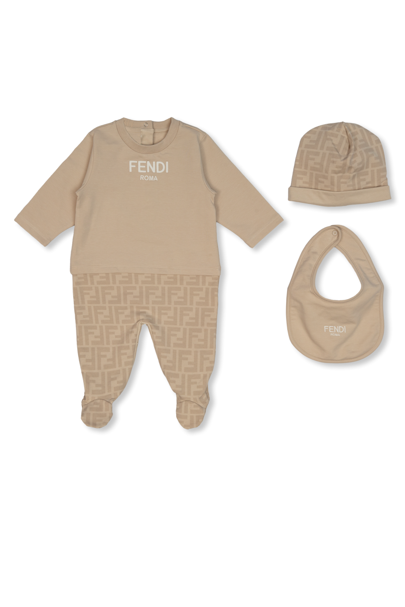 Fendi Kids Komplet: Pajacyk Niemowlęcy, Czapka I śliniak, Unisex, Beżowy