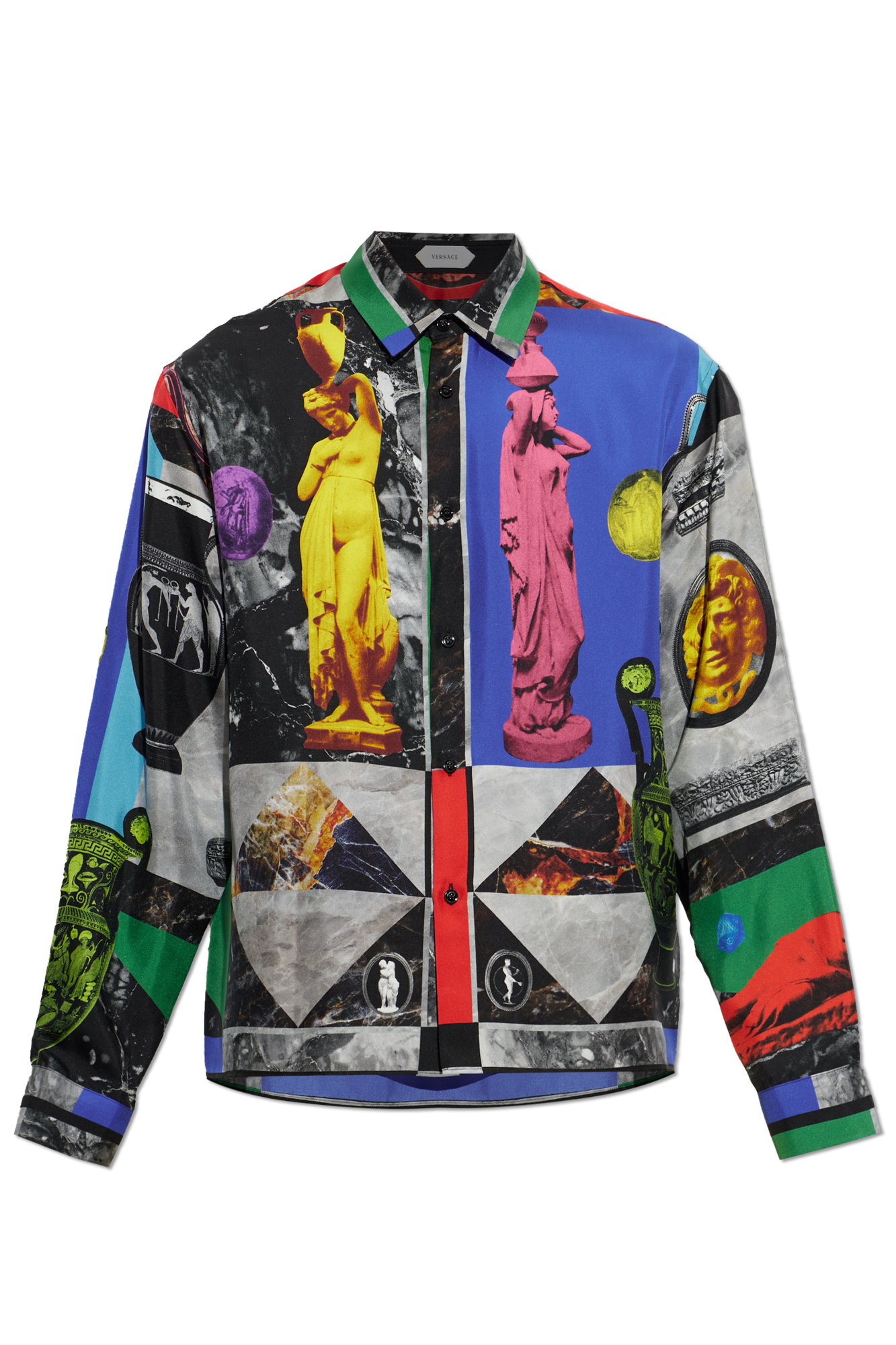 Versace Jedwabna Koszula Z Nadrukiem `Geo Collage`, Mężczyźni, Multikolor