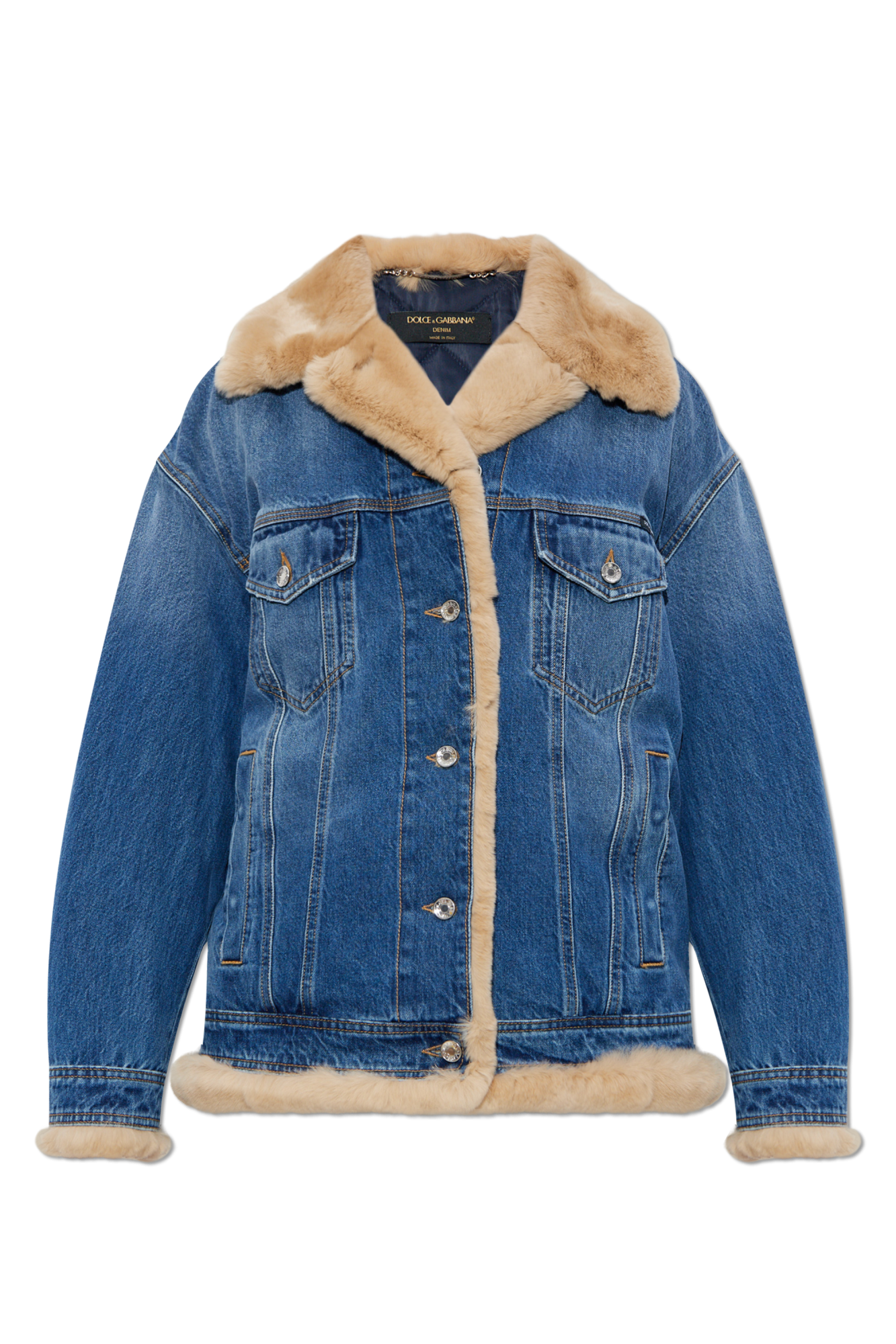 Dolce & Gabbana Jeansowa Kurtka Wykończona Futrem Królika, Kobiety, Niebieski