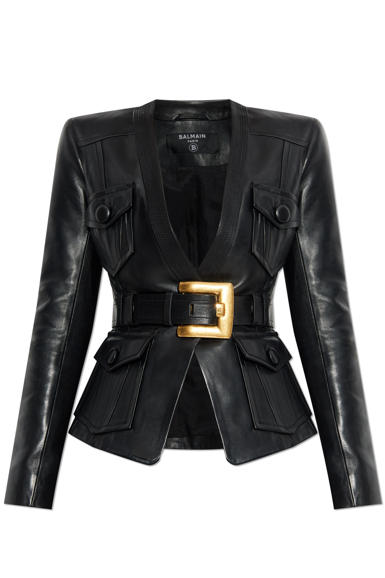 Balmain Skórzana Kurtka Z Paskiem, Kobiety, Czarny