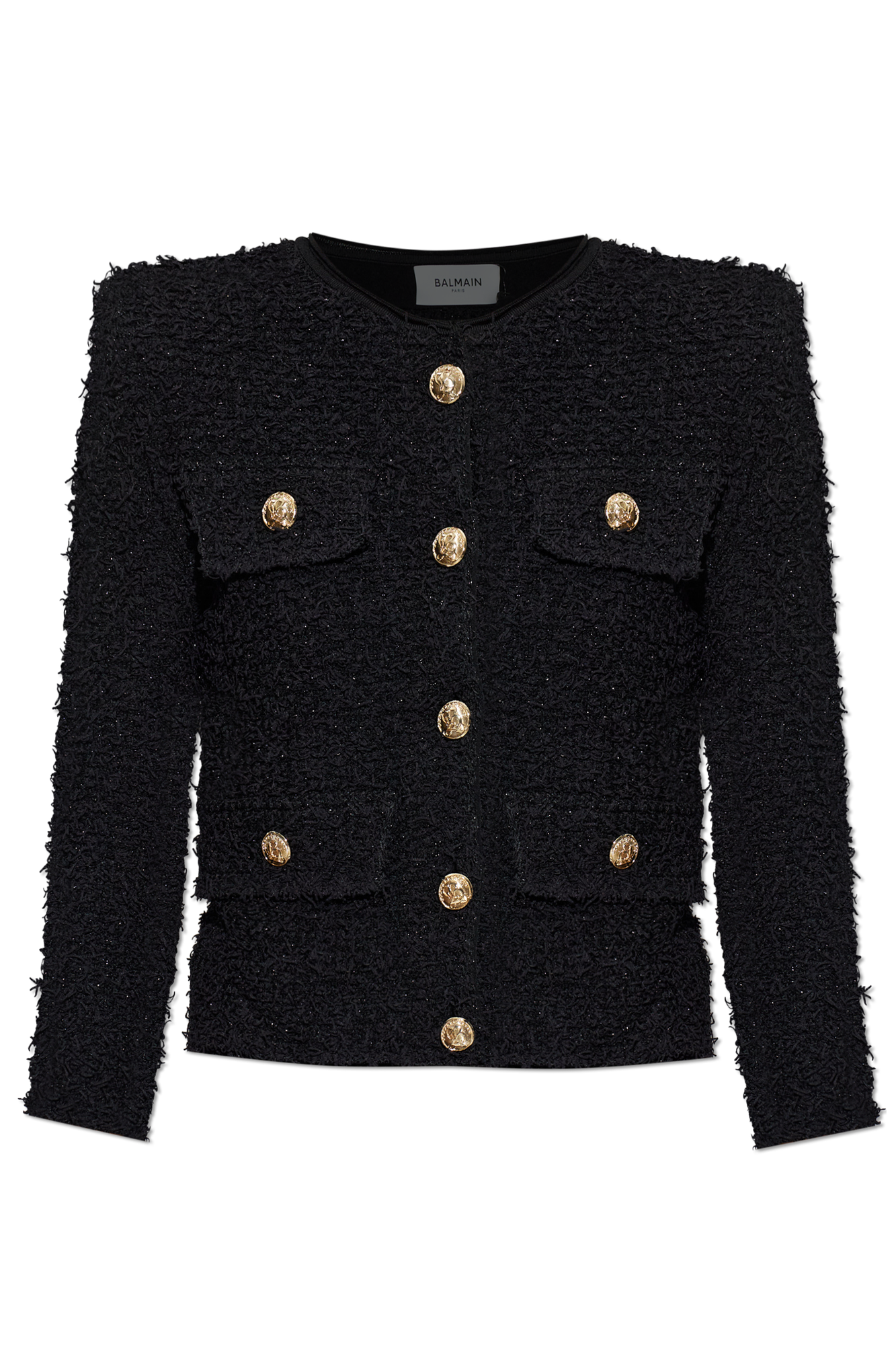 Balmain Tweedowy Kardigan Z Wszytymi Poduszkami W Ramionach, Kobiety, Czarny