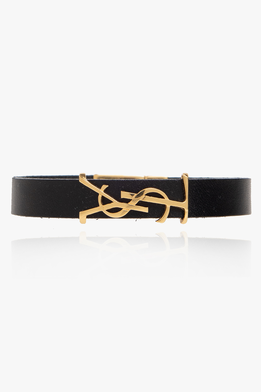 Saint Laurent Skórzana Bransoleta Z Logo, Mężczyźni, Czarny