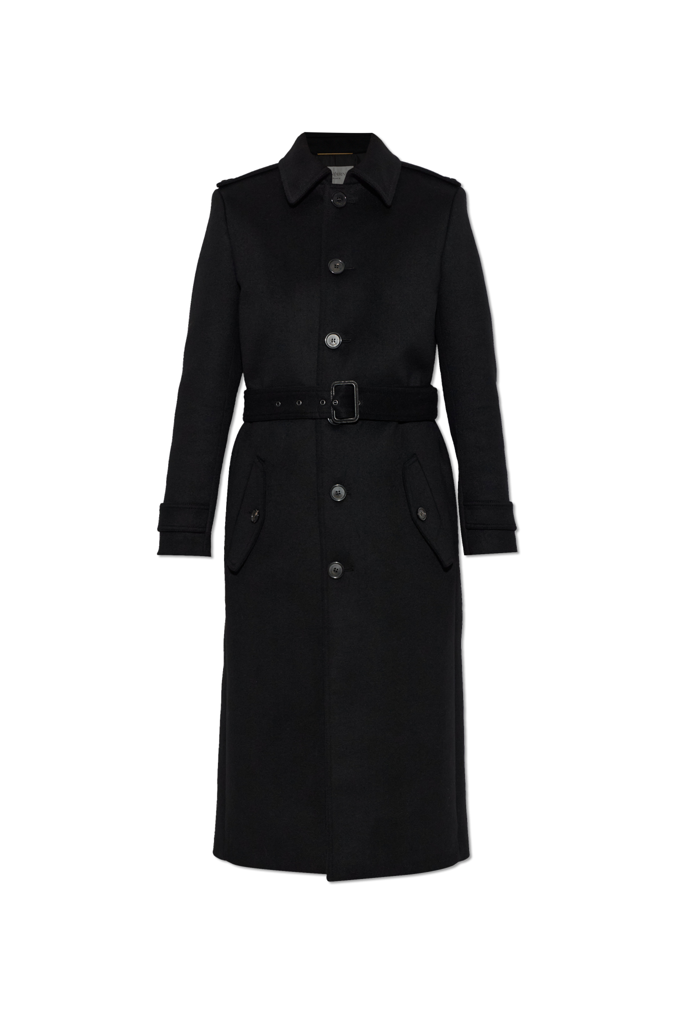 Saint Laurent Wełniany Płaszcz Z Paskiem, Kobiety, Czarny