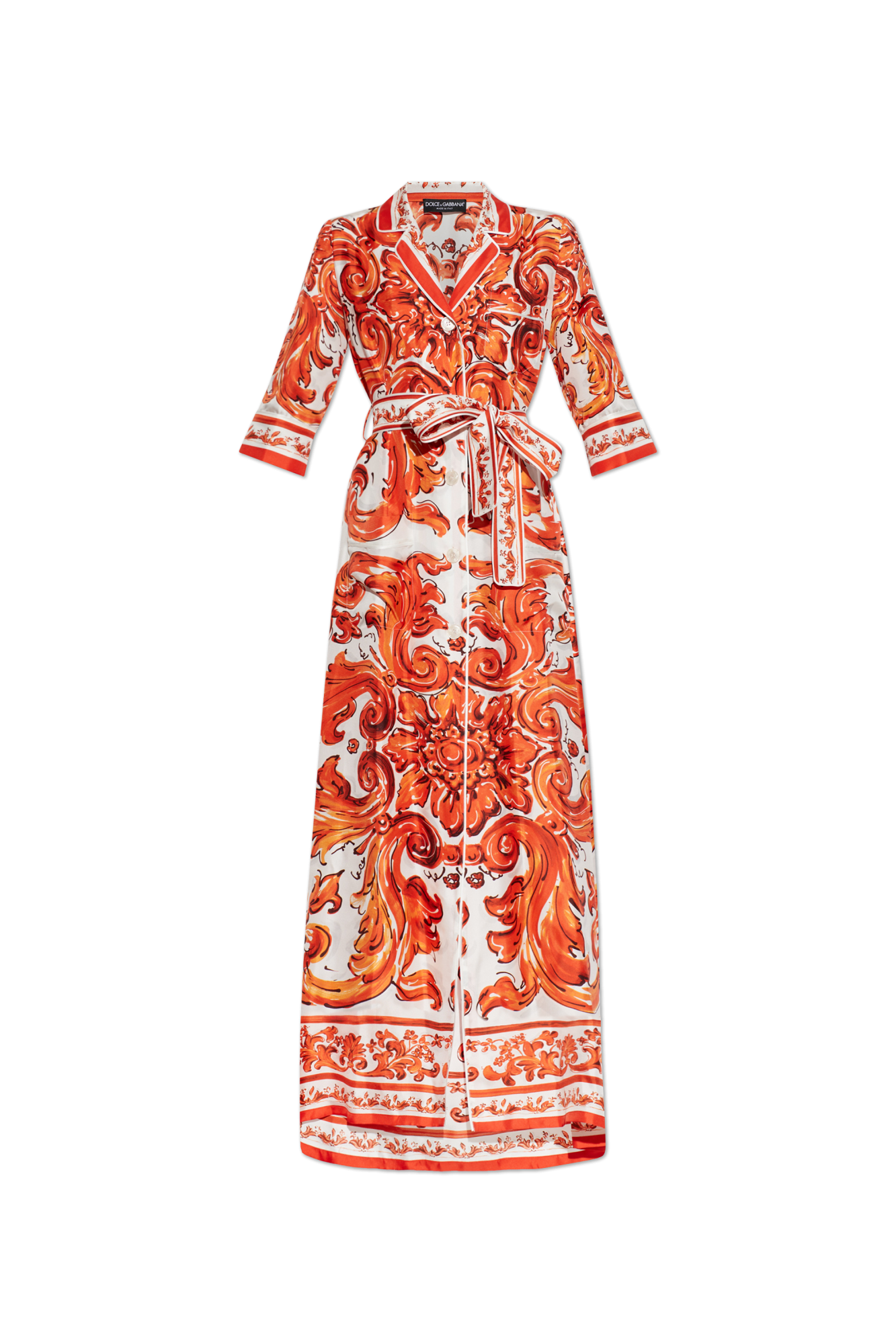 Dolce & Gabbana Długi, Jedwabny Płaszcz Z Nadrukiem `Majolica`, Kobiety, Pomarańczowy