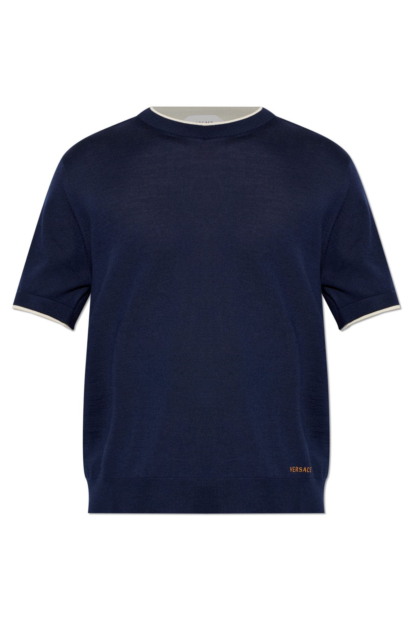 Versace Wełniany T-shirt Z Okrągłym Dekoltem, Mężczyźni, Granatowy