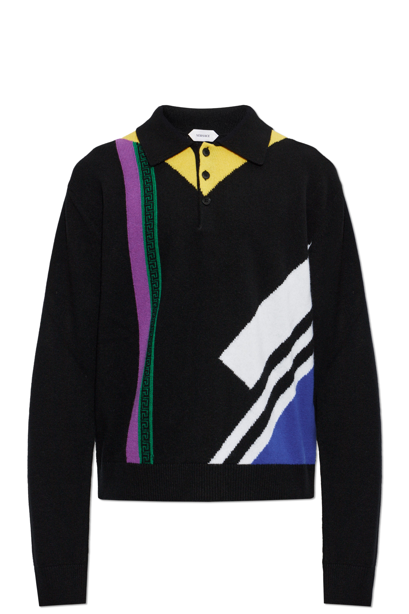 Versace Wełniane Polo Z Długimi Rękawami, Mężczyźni, Czarny