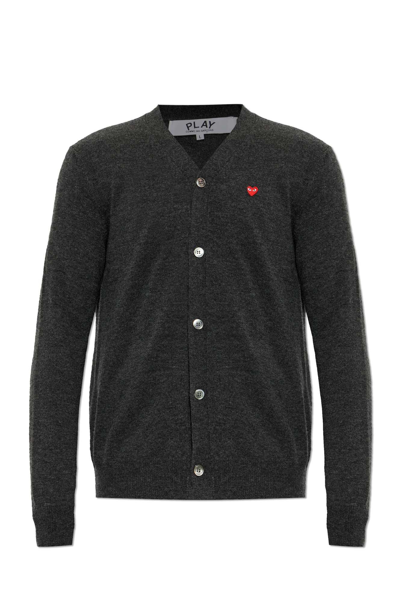 Comme Des Garçons Play Wełniany Kardigan Z Naszywką Z Logo, Mężczyźni, Szary