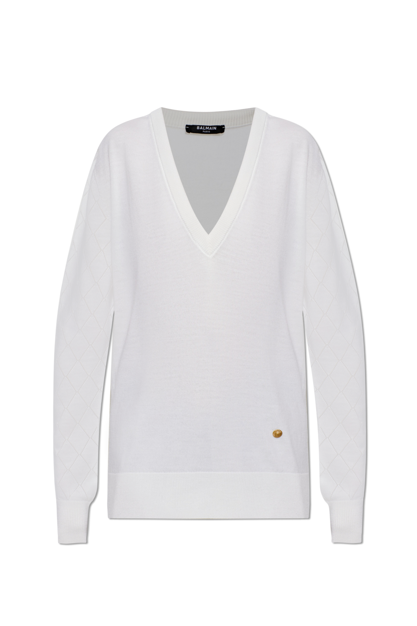 Balmain Wełniany Sweter Z Dekoltem W Serek, Kobiety, Biały
