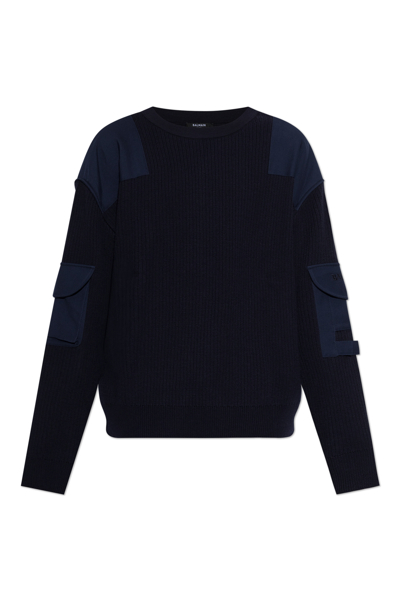 Balmain Wełniany Sweter Z Kieszeniami Na Rękawach, Mężczyźni, Granatowy