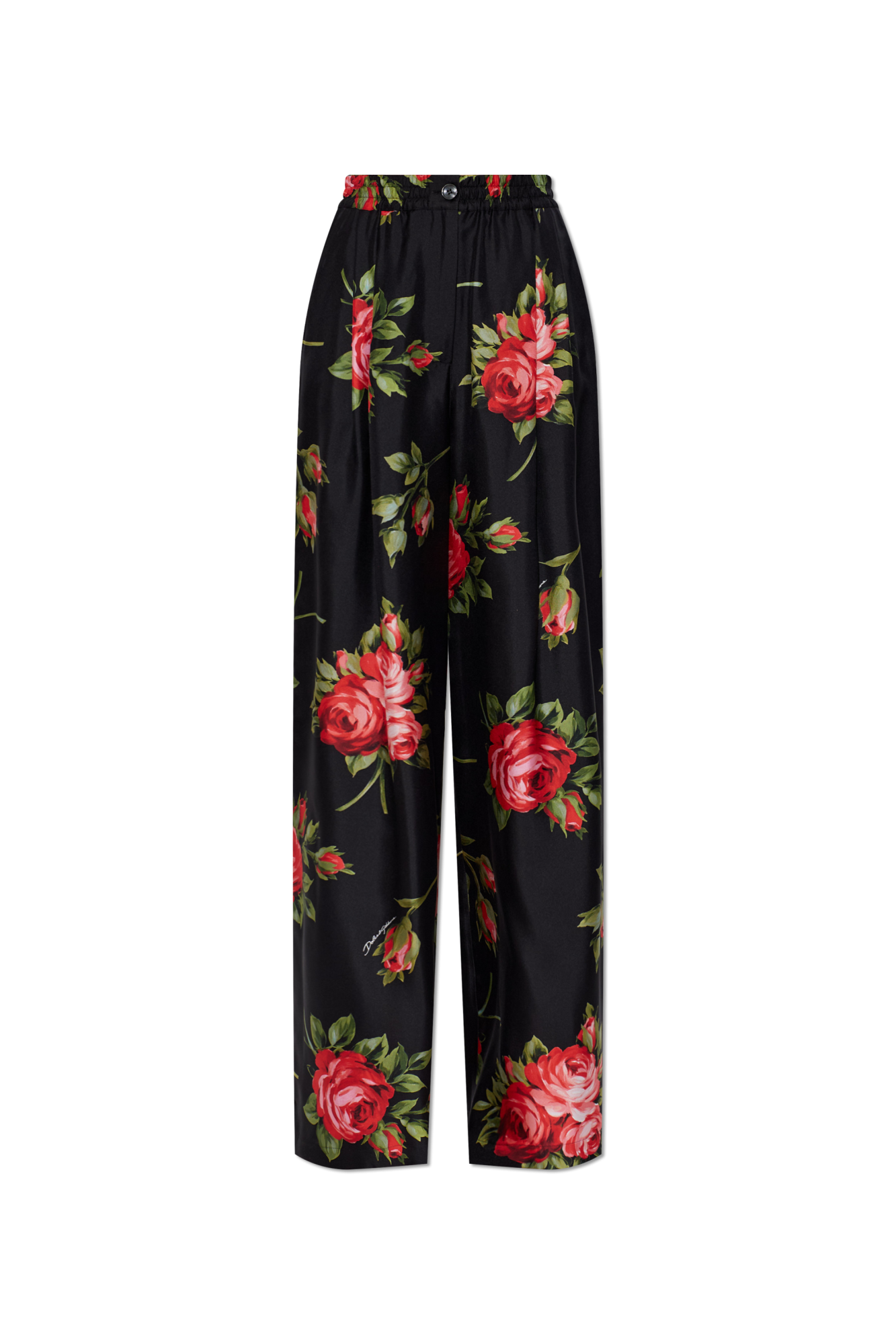 Dolce & Gabbana Jedwabne Spodnie Z Motywem Kwiatowym, Kobiety, Czarny