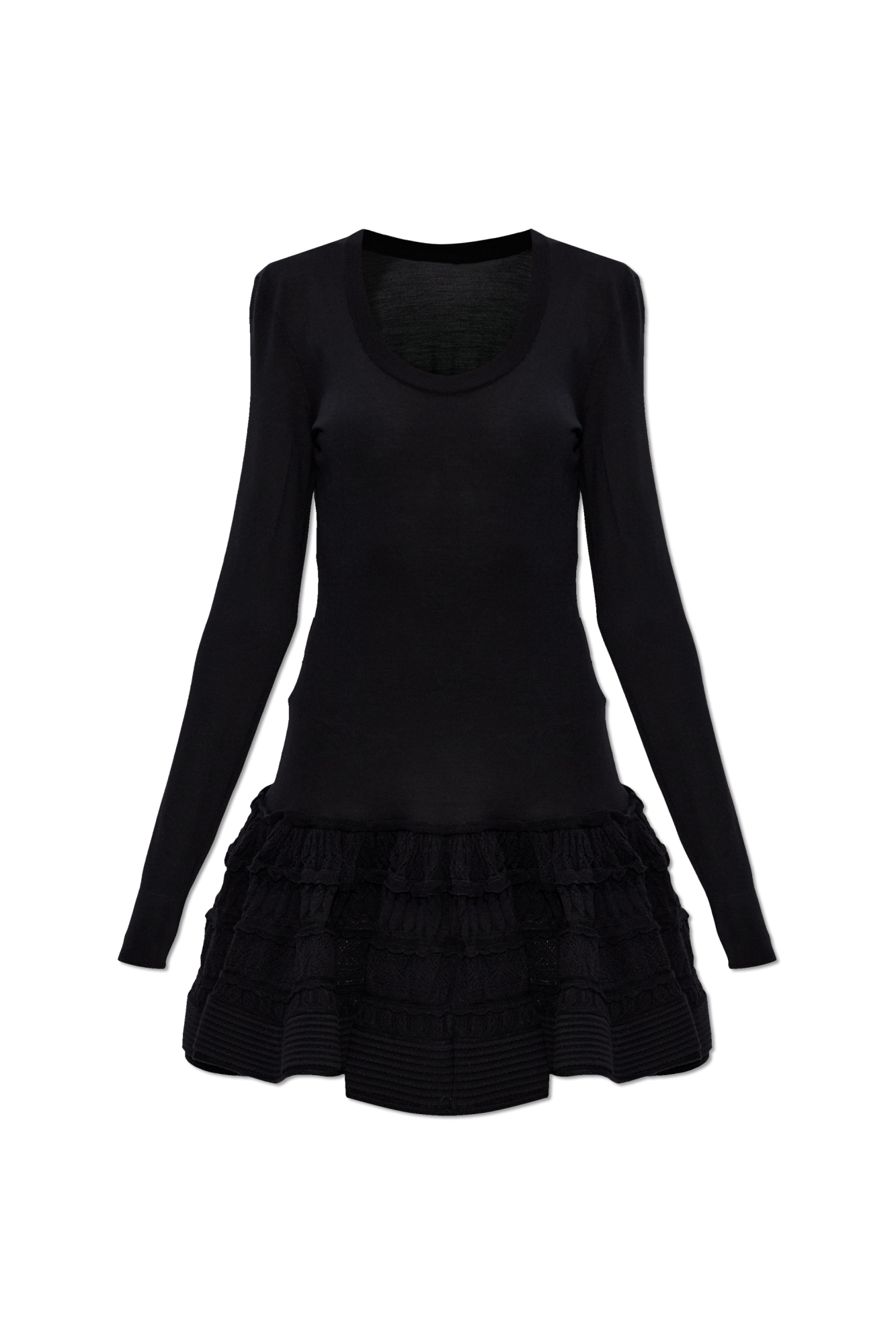Alaïa Wełniana Sukienka Z Falbanami, Kobiety, Czarny