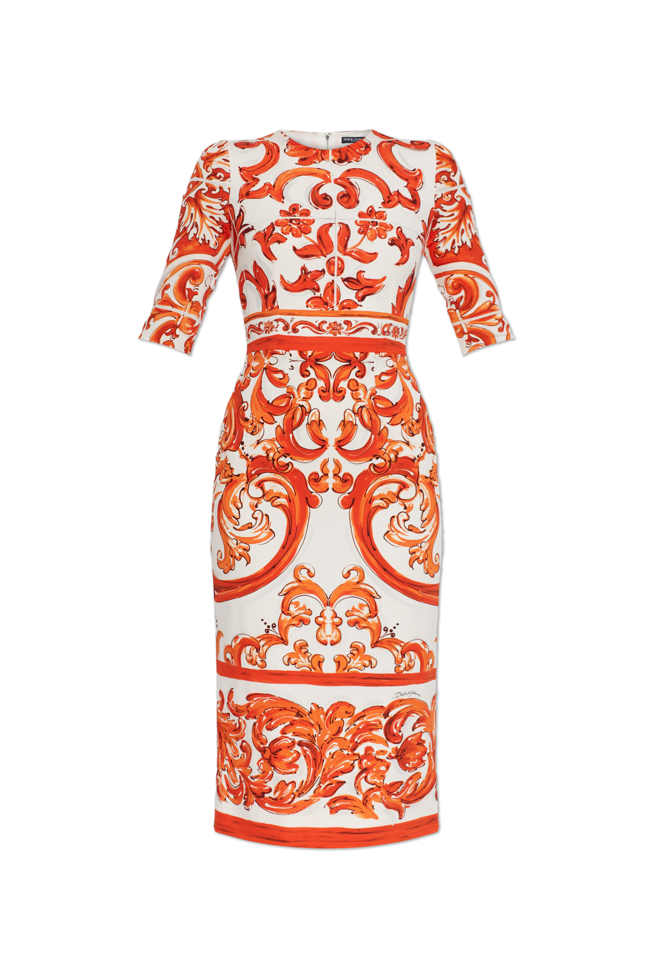 Dolce & Gabbana Jedwabna Sukienka Z Nadrukiem `Majolica`, Kobiety, Pomarańczowy