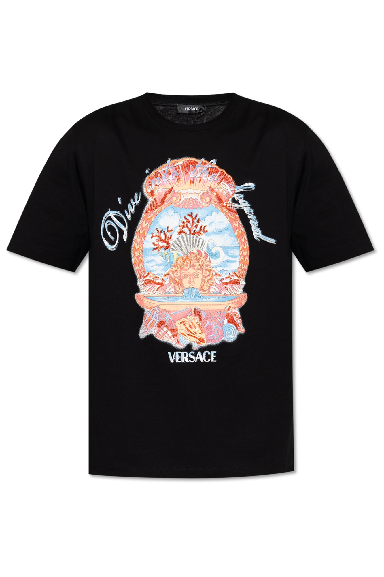 Versace T-shirt Z Kolorowym Nadrukiem, Mężczyźni, Czarny