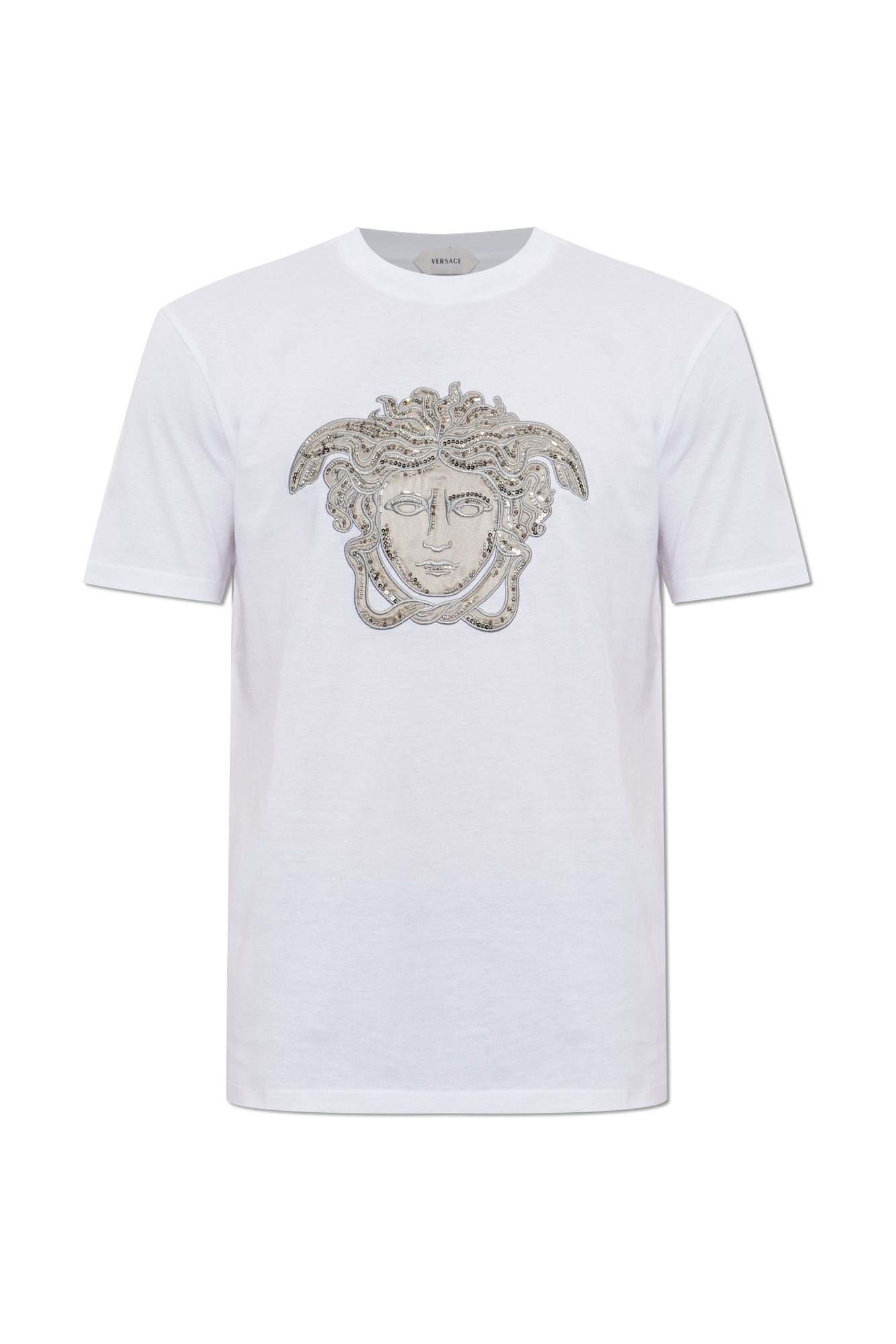 Versace Bawełniany T-shirt Z Połyskującymi Kryształami, Mężczyźni, Biały