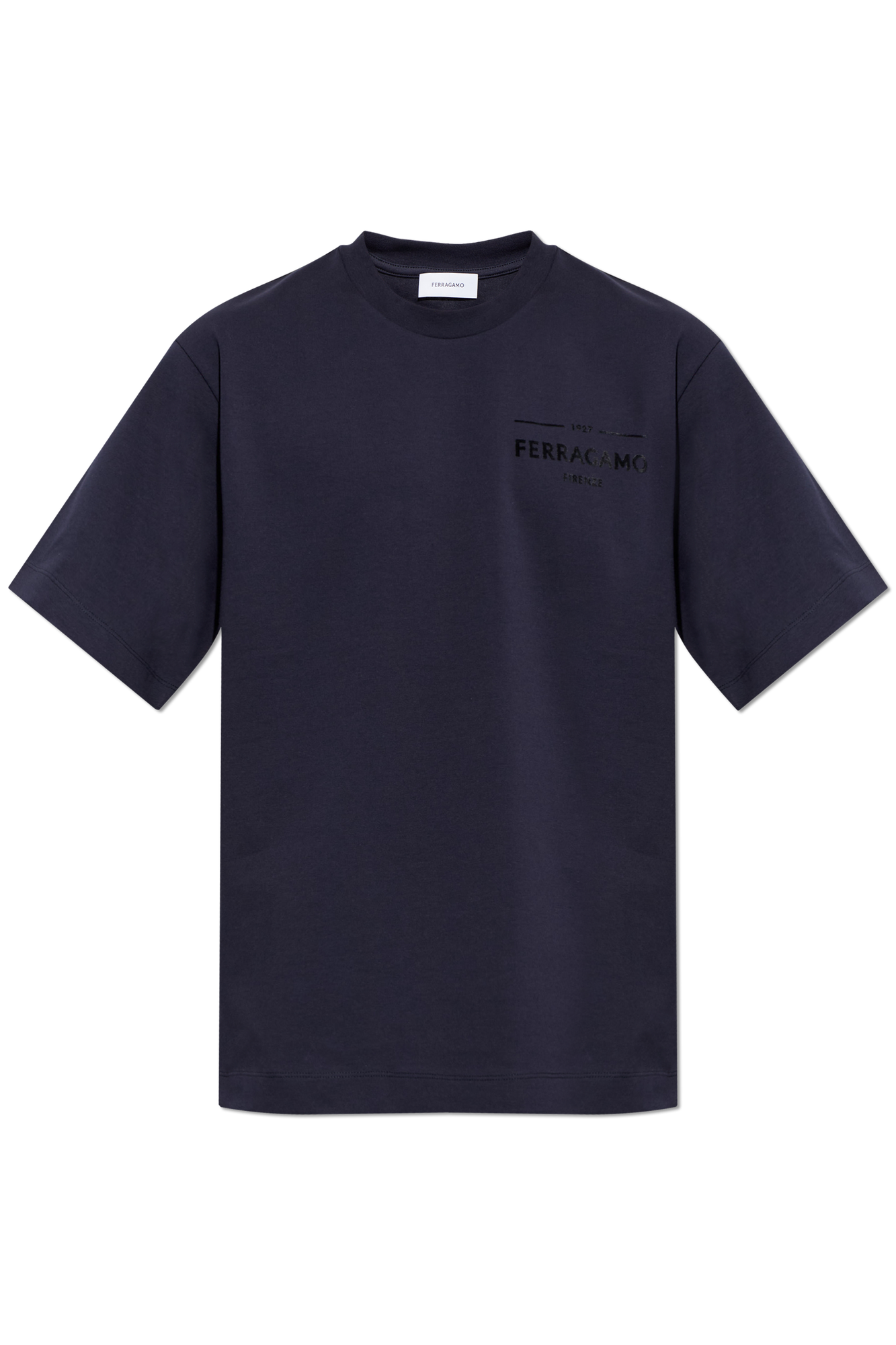 FERRAGAMO T-shirt Z Logo O Aksamitnym Wykończeniu, Mężczyźni, Granatowy