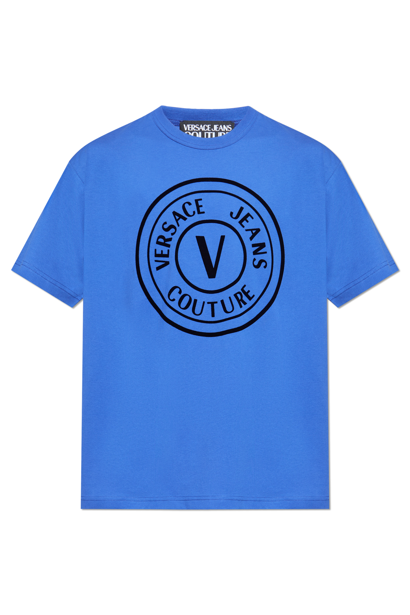 Versace Jeans Couture T-shirt Z Nadrukiem O Aksamitnym Wykończeniu, Mężczyźni, Niebieski