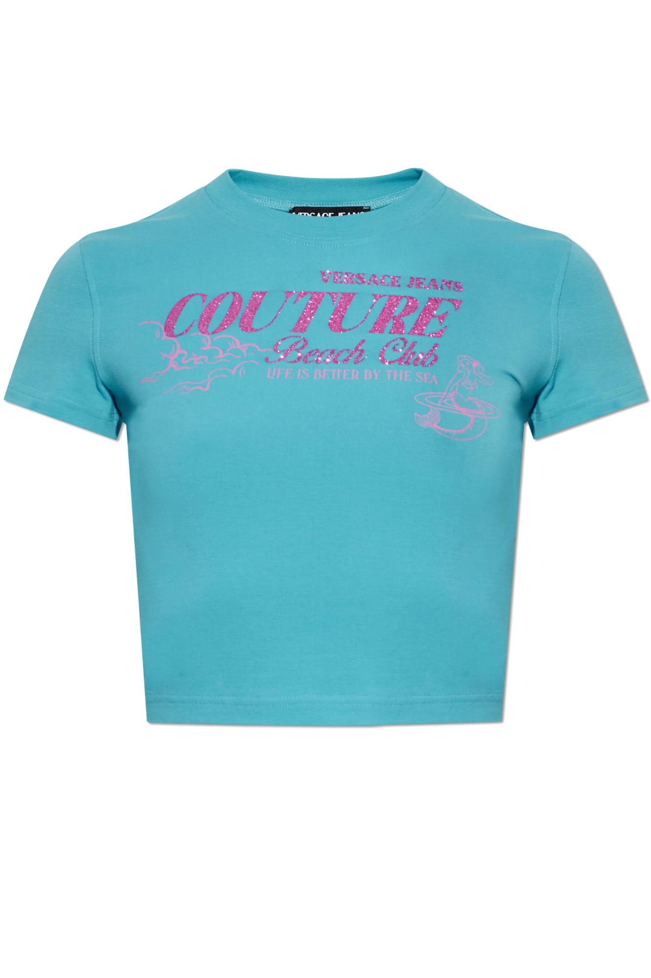 Versace Jeans Couture T-shirt Z Brokatowym Nadrukiem, Kobiety, Niebieski