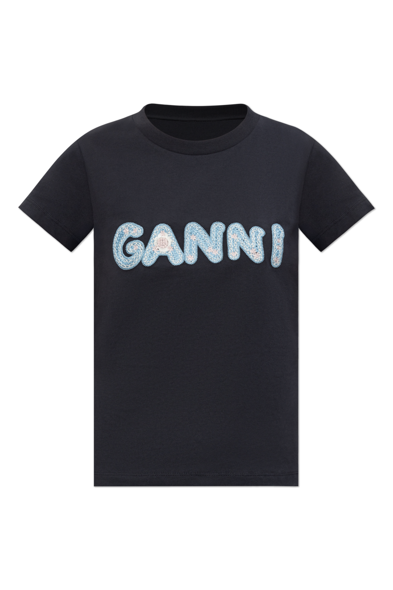 Ganni T-shirt Z Wyszytym Logo, Kobiety, Czarny