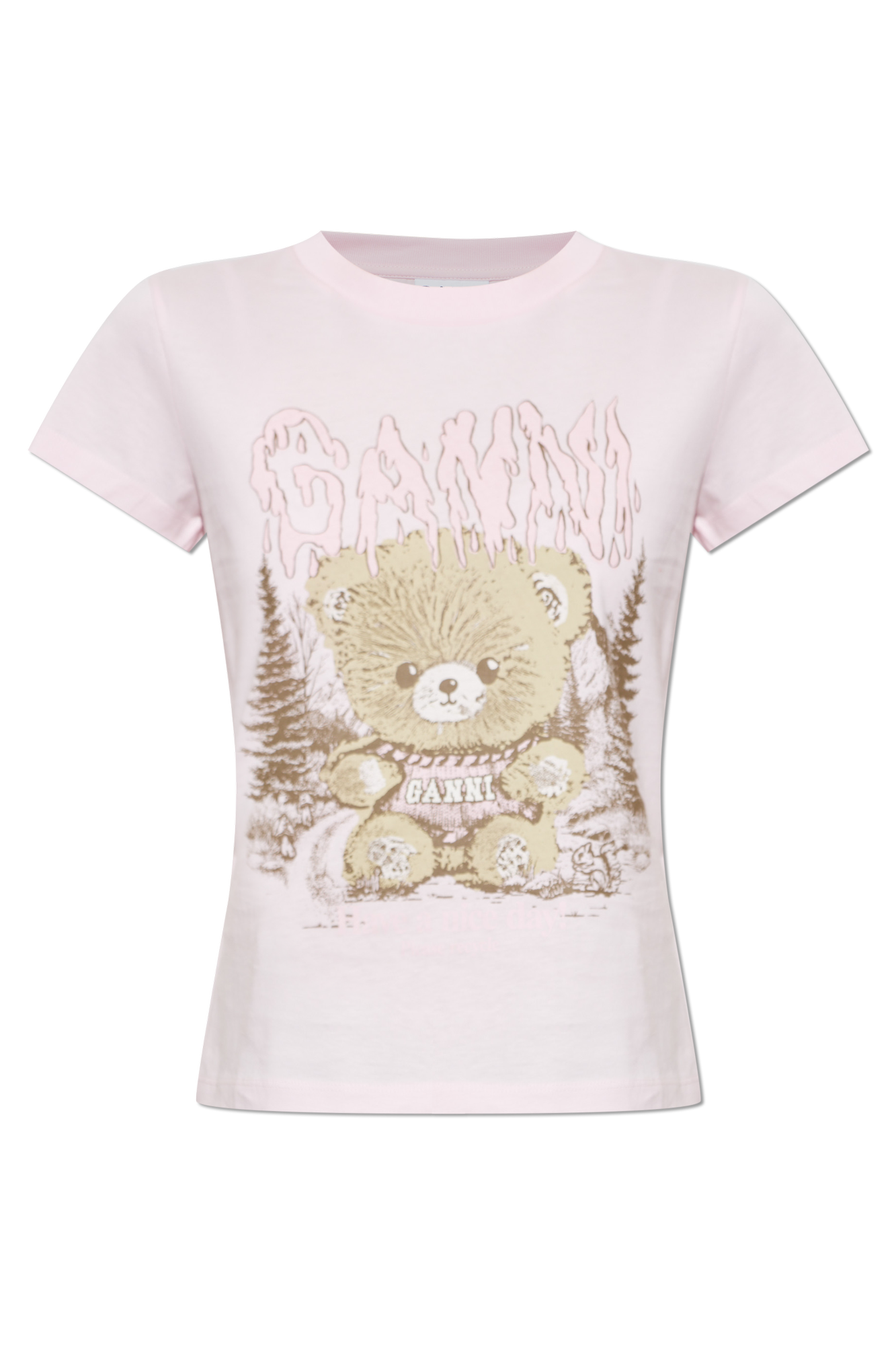 Ganni T-shirt Z Kolorowym Nadrukiem, Kobiety, Różowy
