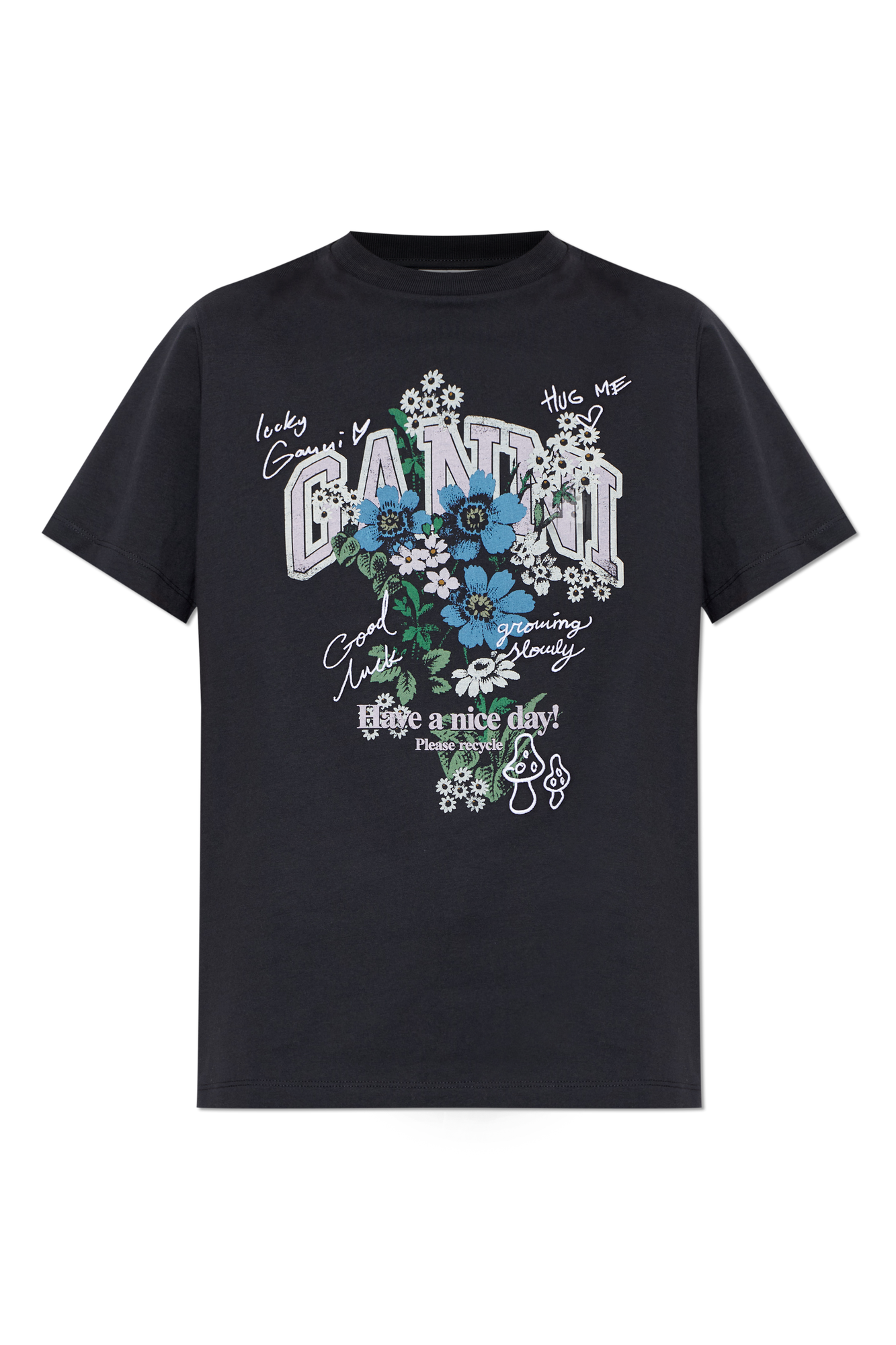 Ganni T-shirt Z Kolorowym Nadrukiem, Kobiety, Czarny
