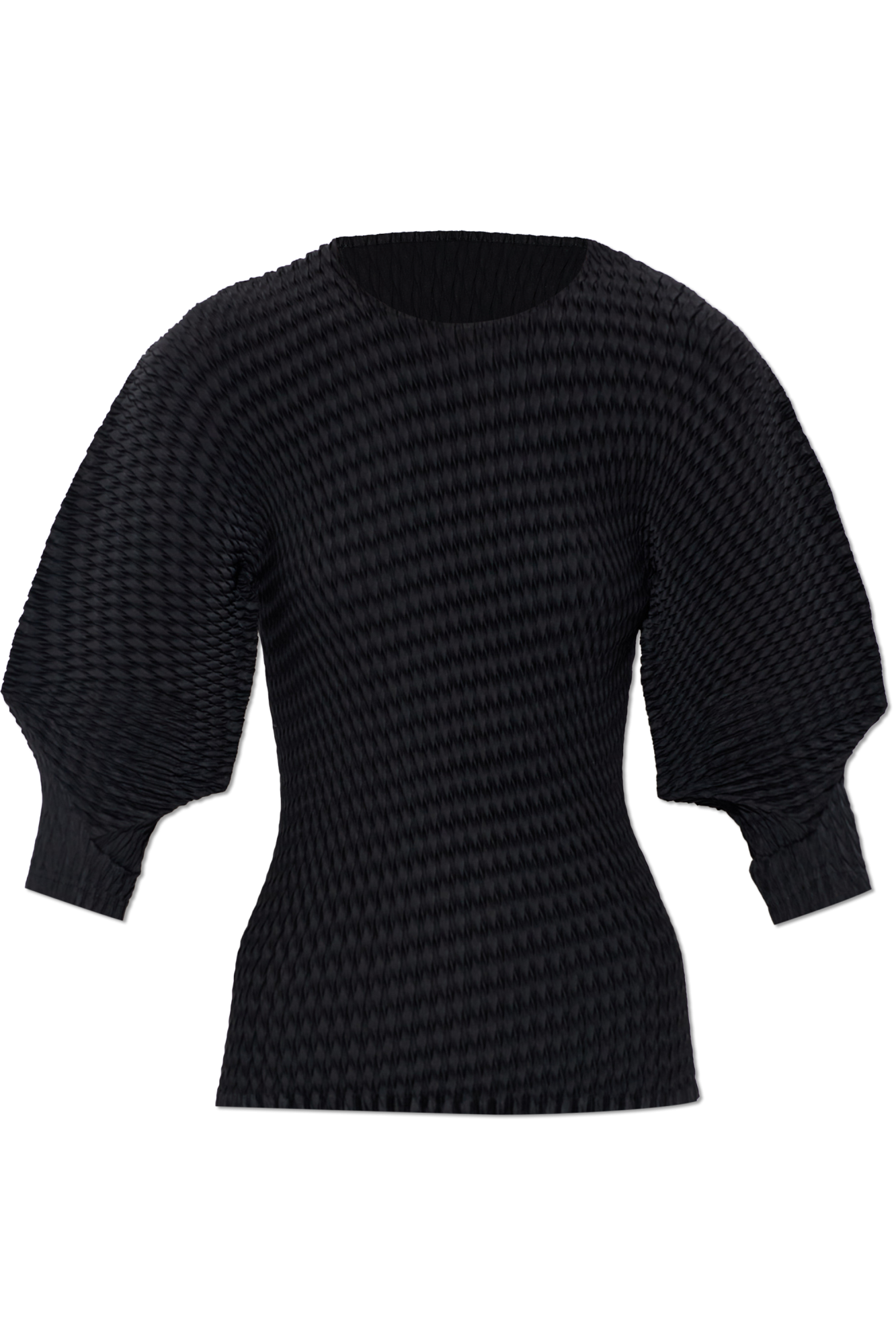 Issey Miyake Plisowany Top Z Krótkimi Rękawami, Kobiety, Czarny