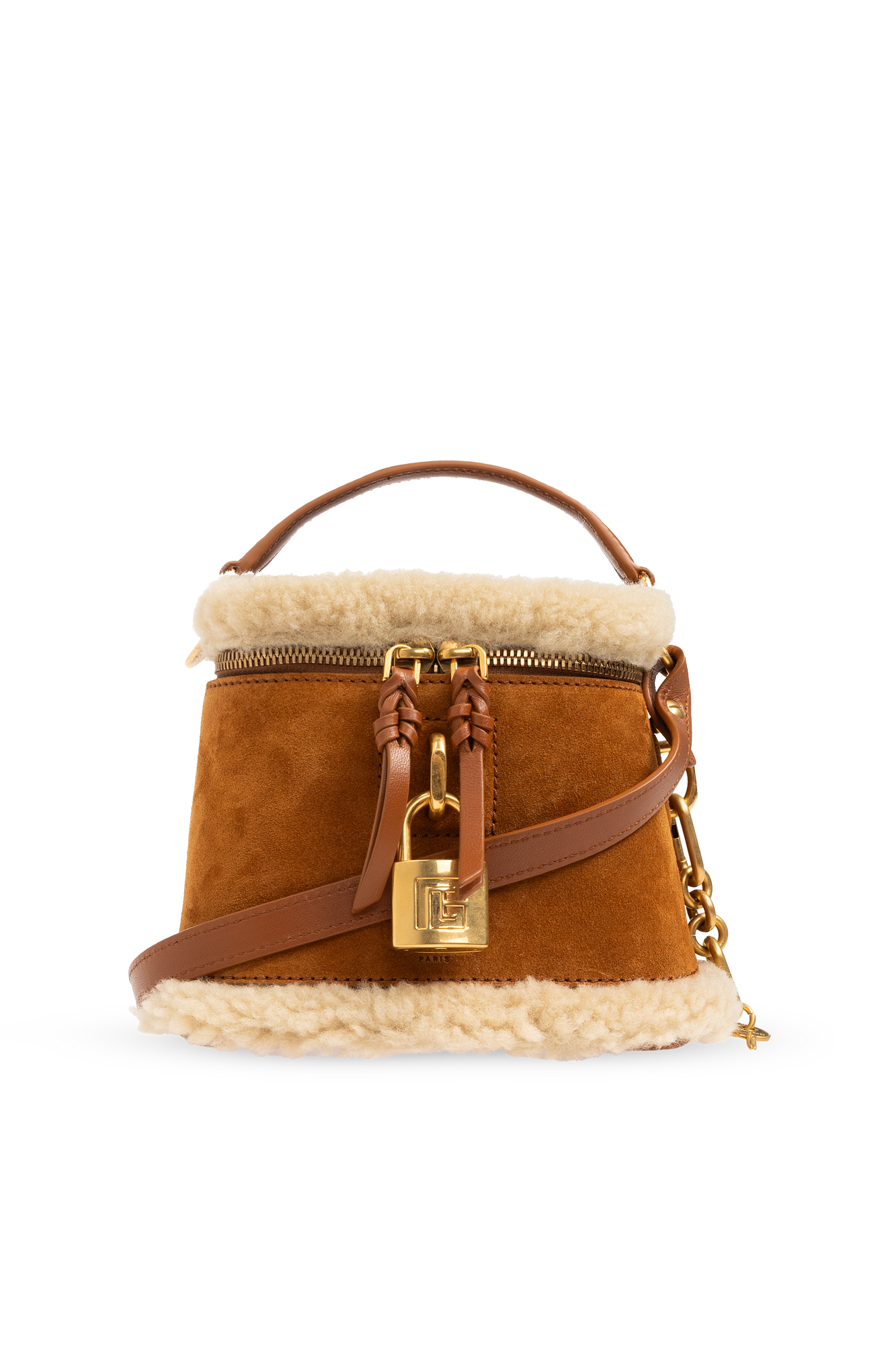 Balmain Zamszowa Torba Wykończona Futrem, Kobiety, Brązowy