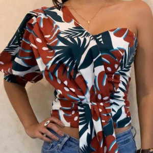 Preciosa Moda Un Hombro Multicolor De Impresión Blusa