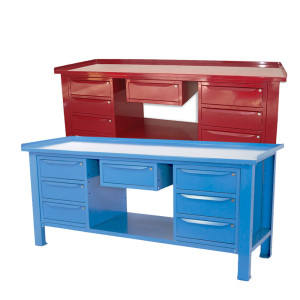 Banco da lavoro SOGI 2 metri con piano in acciaio + 2 armadi a 3 cassetti + 1 cassetto - blu/rosso