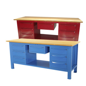 Banco da lavoro SOGI 2 metri con piano in legno + 2 armadi a 3 cassetti + 1 cassetto - blu/rosso
