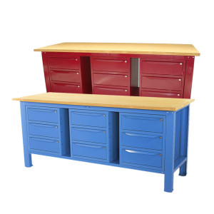 Banco da lavoro SOGI 2 metri con piano in legno portata 1000 kg + 3 armadi a 3 cassetti - blu/rosso