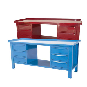 Banco da lavoro SOGI 2 m con piano in acciaio portata 1000 kg + 2 armadi a 3 cassetti - blu/rosso