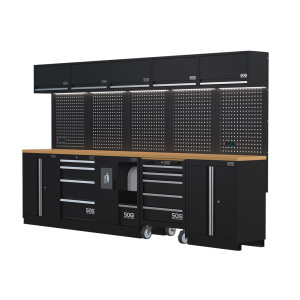 Arredamento modulare in lamiera SOGI ARR-OFF-3400-L per officina e garage - piano in legno - 3400x465x2000 mm