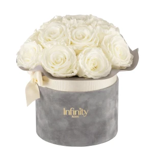 Bukiet kremowo-białe wieczne róże szary flower box Infinity Rose