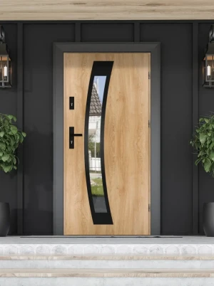 Model CALOTES BLACK PREMIUM 72 mm front door with black handle – energy efficient [Ud=1.1] modern external door with mirrored glass