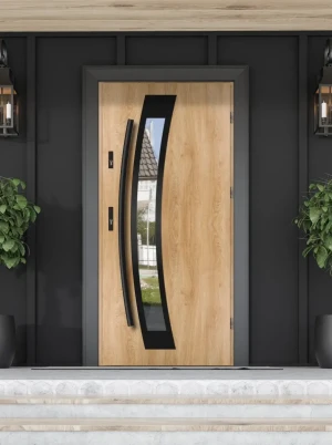 Model CALOTES BLACK PREMIUM 72 mm front door with black bar – energy efficient [Ud=1.1] modern external door with mirrored glass