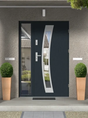 Contemporary energy saveing external door and frame set model CALOTES PREMIUM 72mm with glazed side panel and handle made to measure Inox Design C
