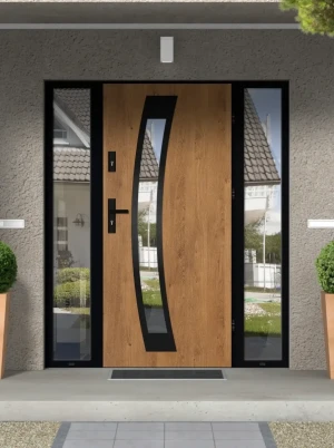 Model CALOTES LOFT PREMIUM 72 mm front door with double sidelights / side panels with black frame and black handle - energy efficient modern external