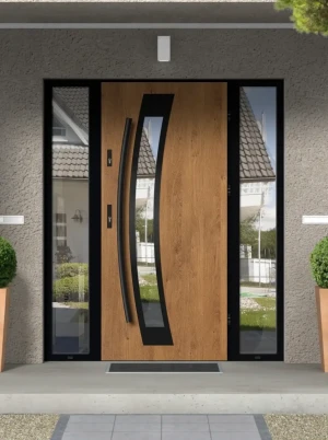 Model CALOTES LOFT PREMIUM 72 mm front door with double sidelights / side panels with black frame and black bar - energy efficient modern external doo