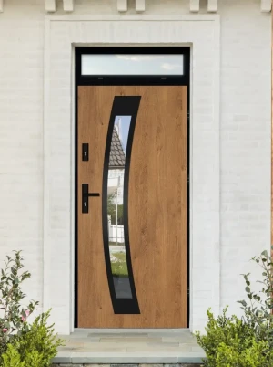 Model CALOTES LOFT PREMIUM 72 mm front door with top sidelight / top panel with black frame and black handle - energy efficient modern external door w