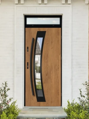 Model CALOTES LOFT PREMIUM 72 mm front door with top sidelight / top panel with black frame and black bar - energy efficient modern external door with
