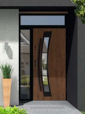 Model CALOTES LOFT PREMIUM 72 mm front door with side and top sidelight / side and top panel with black frame and black bar - energy efficient modern